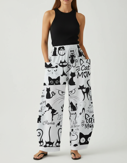 Pantalon Fluide Blanc Ample Imprimé Chats Décontracté - Viscose