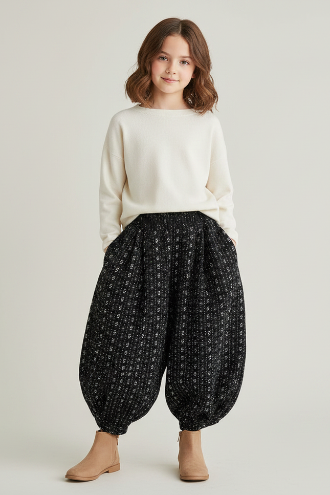 Pantalon Fluide Noir Ample Harem Imprimé Enfant - Tweed