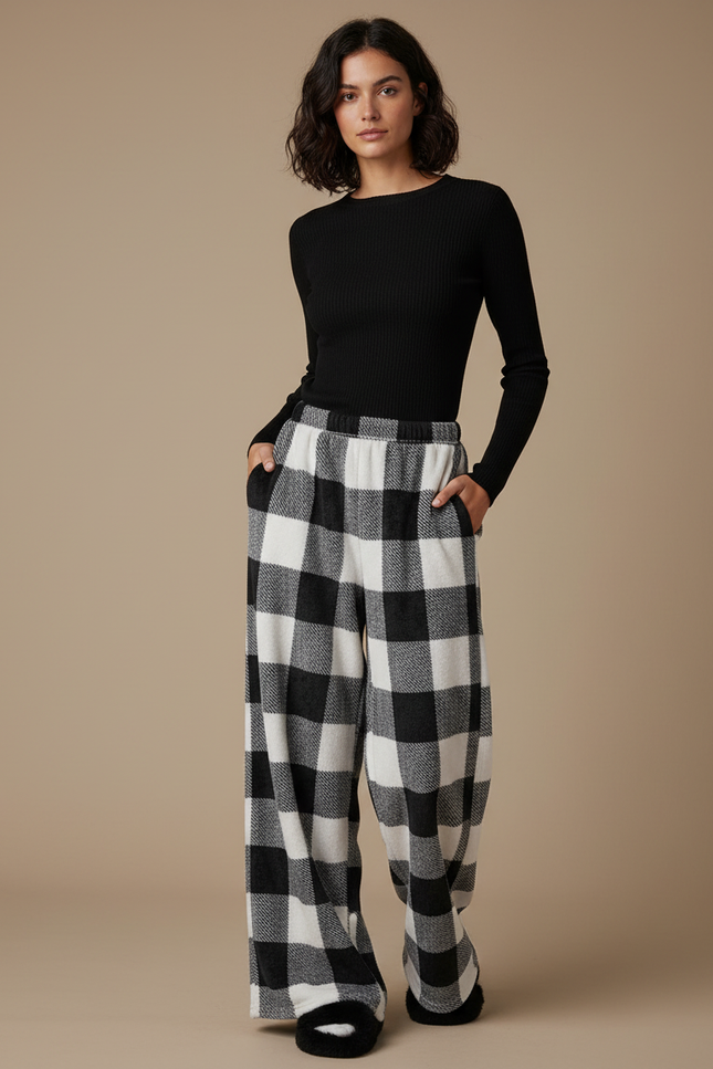 Pantalon Fluide Carreaux Noir Blanc Polaire Ample - Imprimé Molleton