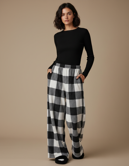 Pantalon Fluide Carreaux Noir Blanc Polaire Ample - Imprimé Molleton