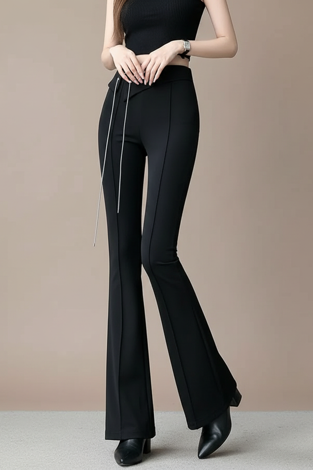 Pantalon Fluide Noir Taille Haute Évasé Chic Élégant - Polyester