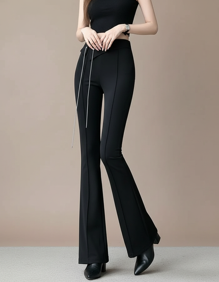 Pantalon Fluide Noir Taille Haute Évasé Chic Élégant - Polyester