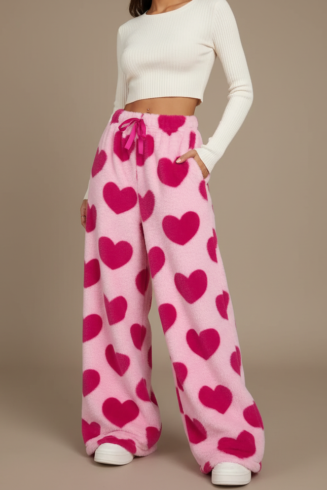Pantalon Fluide Rose Cœurs Doux Confortable - Molleton
