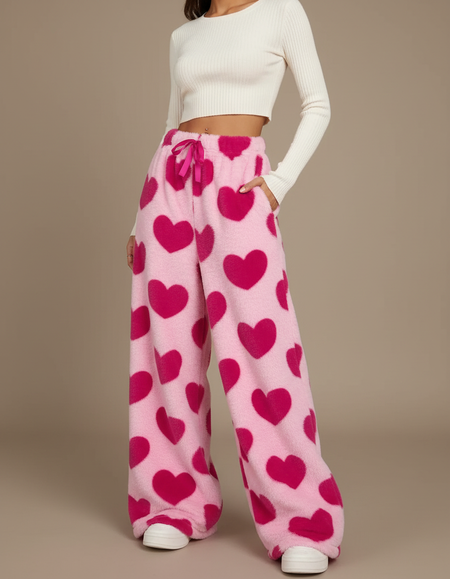 Pantalon Fluide Rose Cœurs Doux Confortable - Molleton