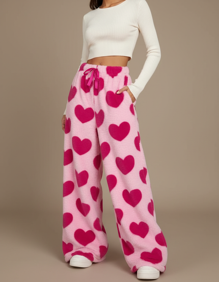 Pantalon Fluide Rose Cœurs Doux Confortable - Molleton