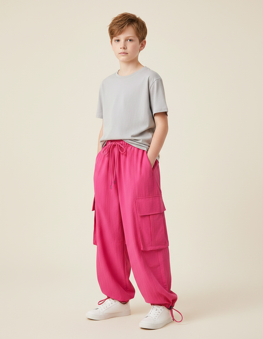 Pantalon Fluide Rose Cargo Ample Enfant Décontracté - Viscose