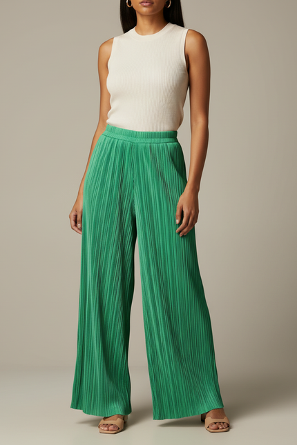 Pantalon Fluide Vert Plissé Ample Décontracté Chic - Polyester