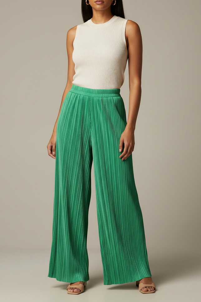 Pantalon Fluide Vert Plissé Ample Décontracté Chic - Polyester