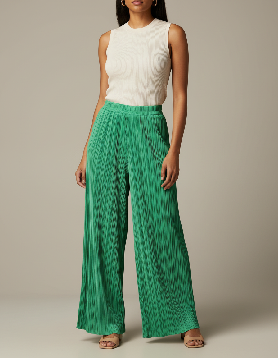 Pantalon Fluide Vert Plissé Ample Décontracté Chic - Polyester