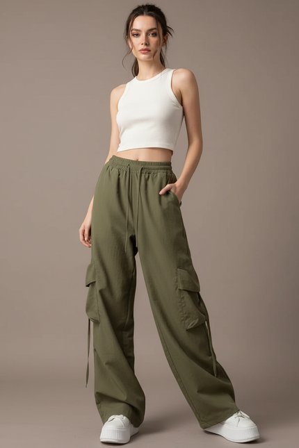 Pantalon Fluide Kaki Ample Cargo Femme - Toile