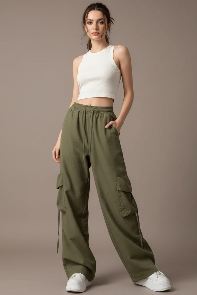 Pantalon Fluide Kaki Ample Cargo Femme - Toile
