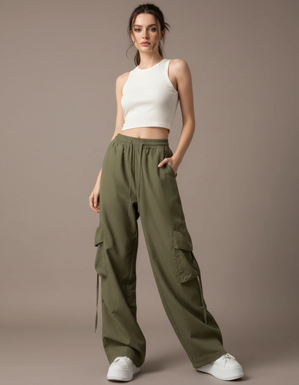 Pantalon Fluide Kaki Ample Cargo Femme - Toile