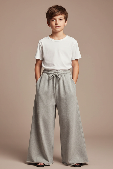 Pantalon Fluide Garçon Gris Palazzo Coton - Molleton