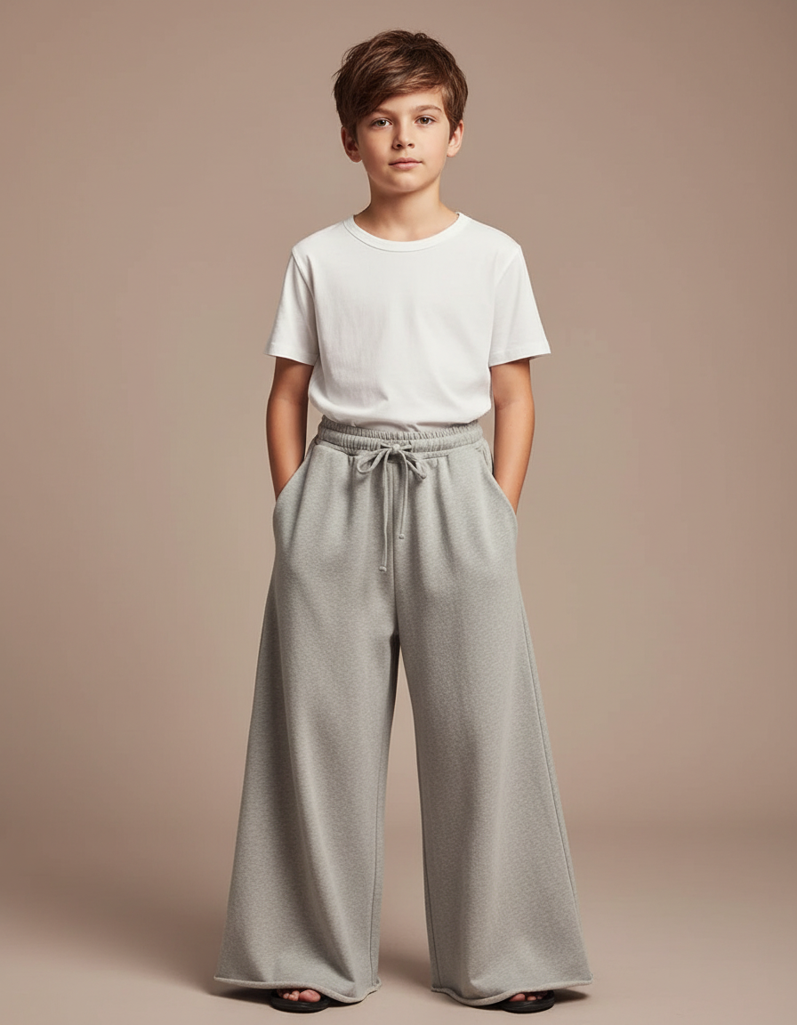 Pantalon Fluide Garçon Gris Palazzo Coton - Molleton