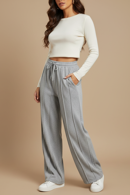Pantalon Fluide Gris Ample Cordon Vertical Décontracté - Molleton