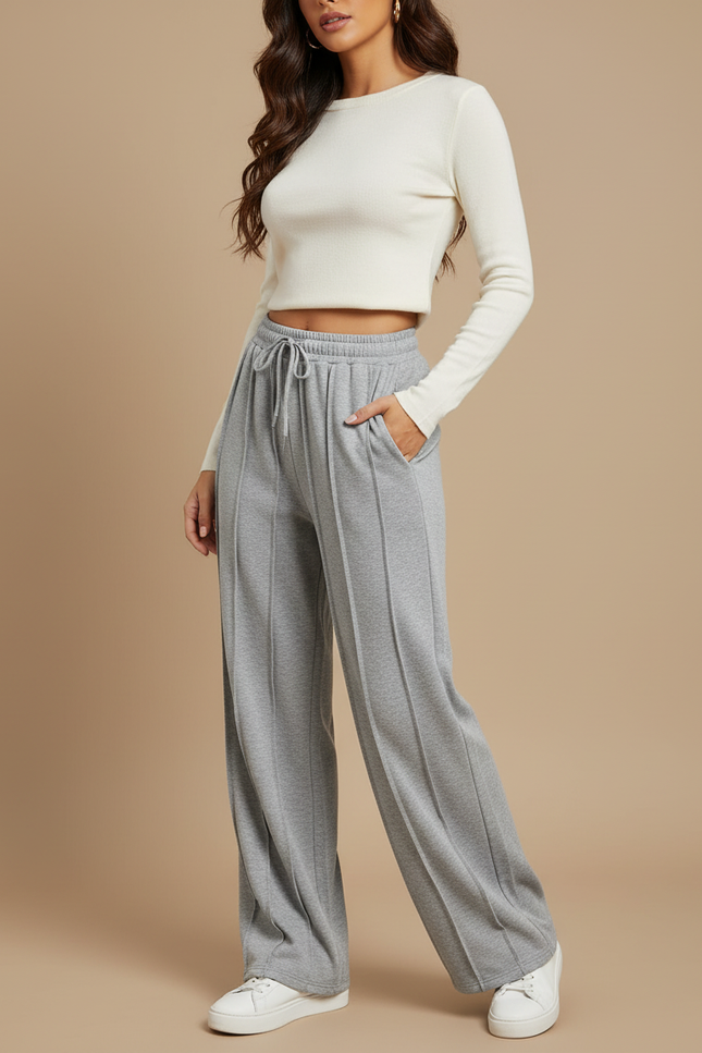 Pantalon Fluide Gris Ample Cordon Vertical Décontracté - Molleton