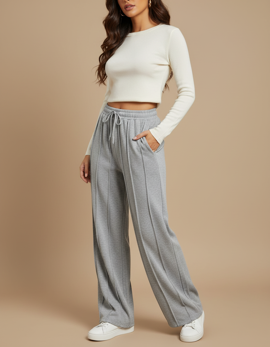 Pantalon Fluide Gris Ample Cordon Vertical Décontracté - Molleton