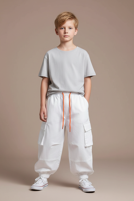 Pantalon Fluide Blanc Cargo Cordon Orange Enfant - Toile