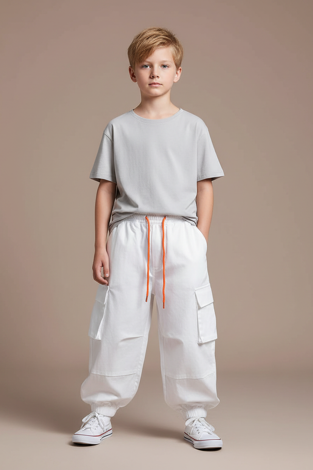 Pantalon Fluide Blanc Cargo Cordon Orange Enfant - Toile