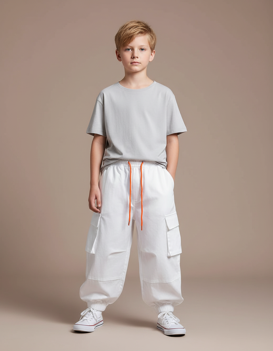 Pantalon Fluide Blanc Cargo Cordon Orange Enfant - Toile