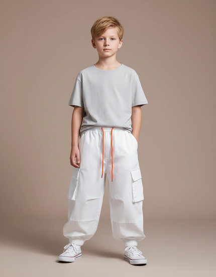 Pantalon Fluide Blanc Cargo Cordon Orange Enfant - Toile