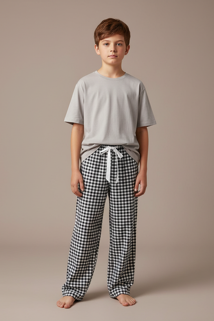 Pantalon Fluide Carreaux Noir Blanc Ample Coton Garçon - Imprimé