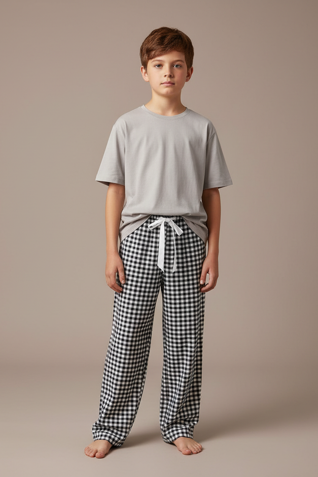 Pantalon Fluide Carreaux Noir Blanc Ample Coton Garçon - Imprimé