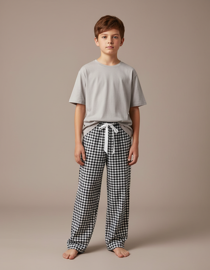 Pantalon Fluide Carreaux Noir Blanc Ample Coton Garçon - Imprimé