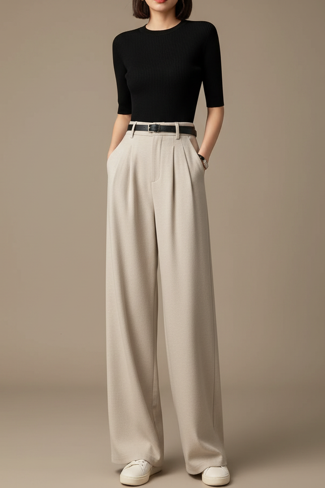 Pantalon Fluide Avec Ceinture - Beige Viscose