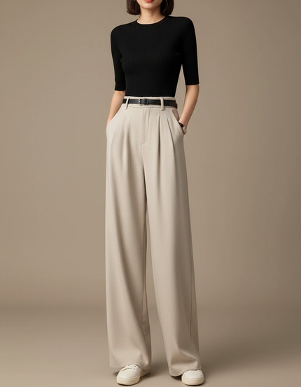 Pantalon Fluide Avec Ceinture - Beige Viscose