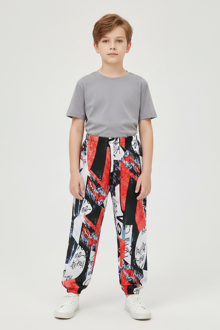 Pantalon Fluide Imprimé Abstrait Rouge Noir Garçon Coton