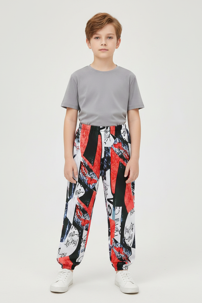 Pantalon Fluide Imprimé Abstrait Rouge Noir Garçon Coton