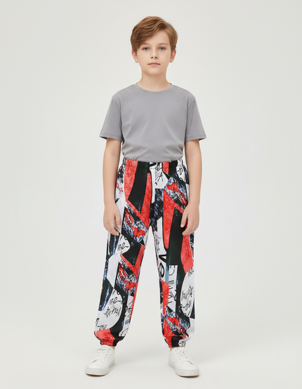 Pantalon Fluide Imprimé Abstrait Rouge Noir Garçon Coton