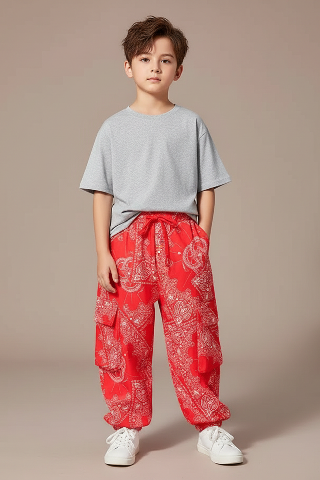 Pantalon Fluide Rouge Bandana Ample Cargo Enfant - Viscose