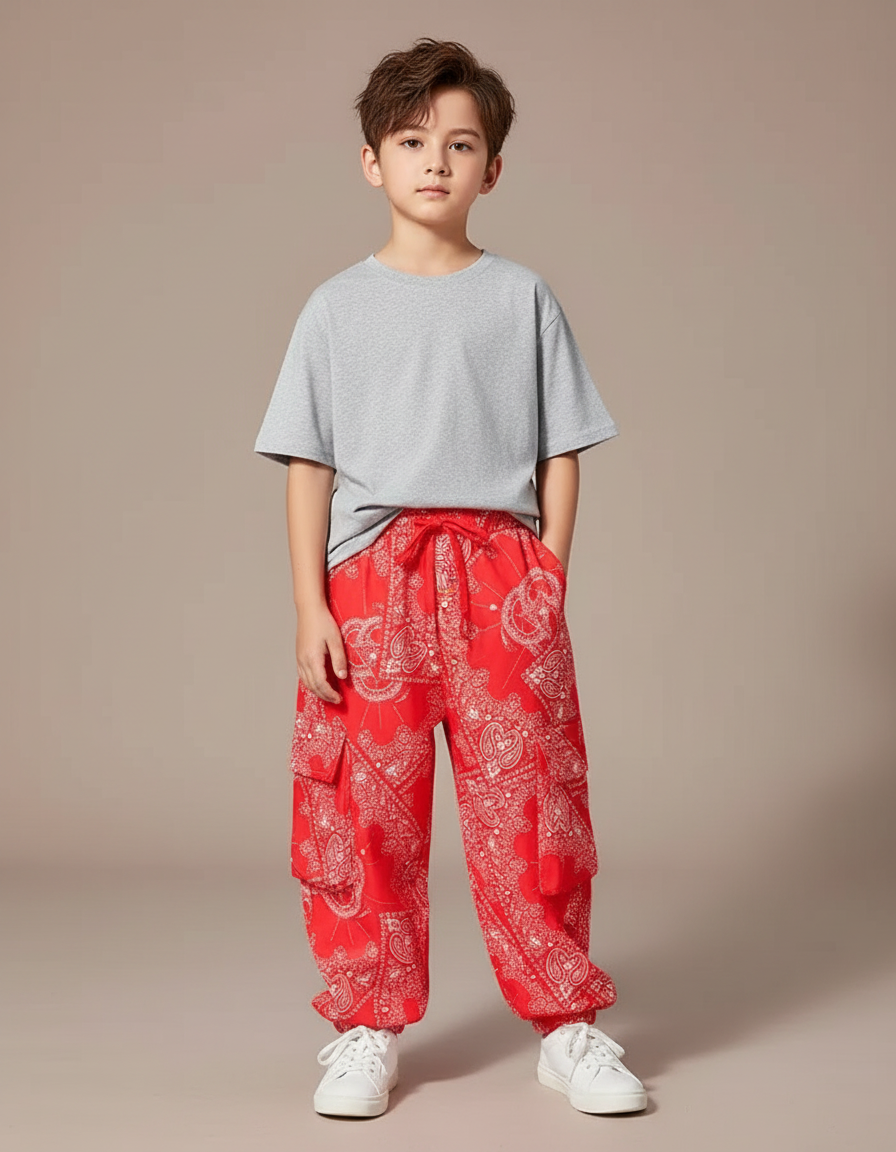 Pantalon Fluide Rouge Bandana Ample Cargo Enfant - Viscose