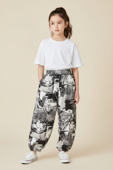 Pantalon Fluide Imprimé Abstrait Ample Décontracté Noir Blanc - Viscose