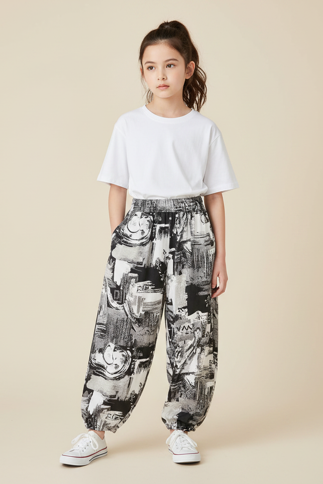 Pantalon Fluide Imprimé Abstrait Ample Décontracté Noir Blanc - Viscose