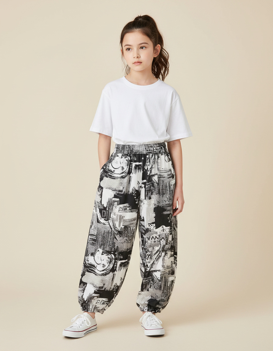 Pantalon Fluide Imprimé Abstrait Ample Décontracté Noir Blanc - Viscose