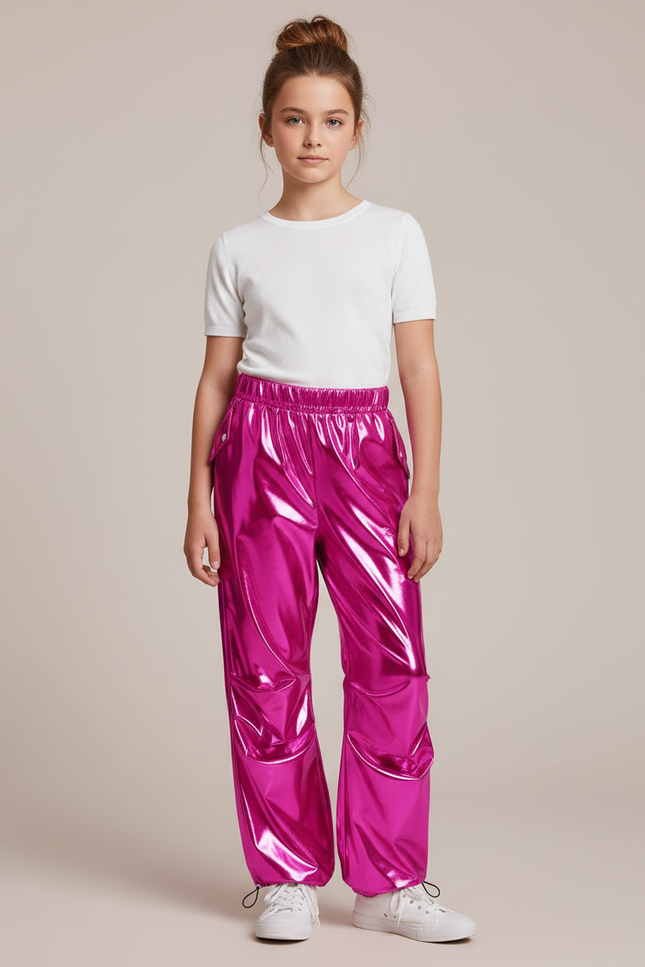 Pantalon Fluide Métallisé Cargo Rose Brillant Fille - Polyester