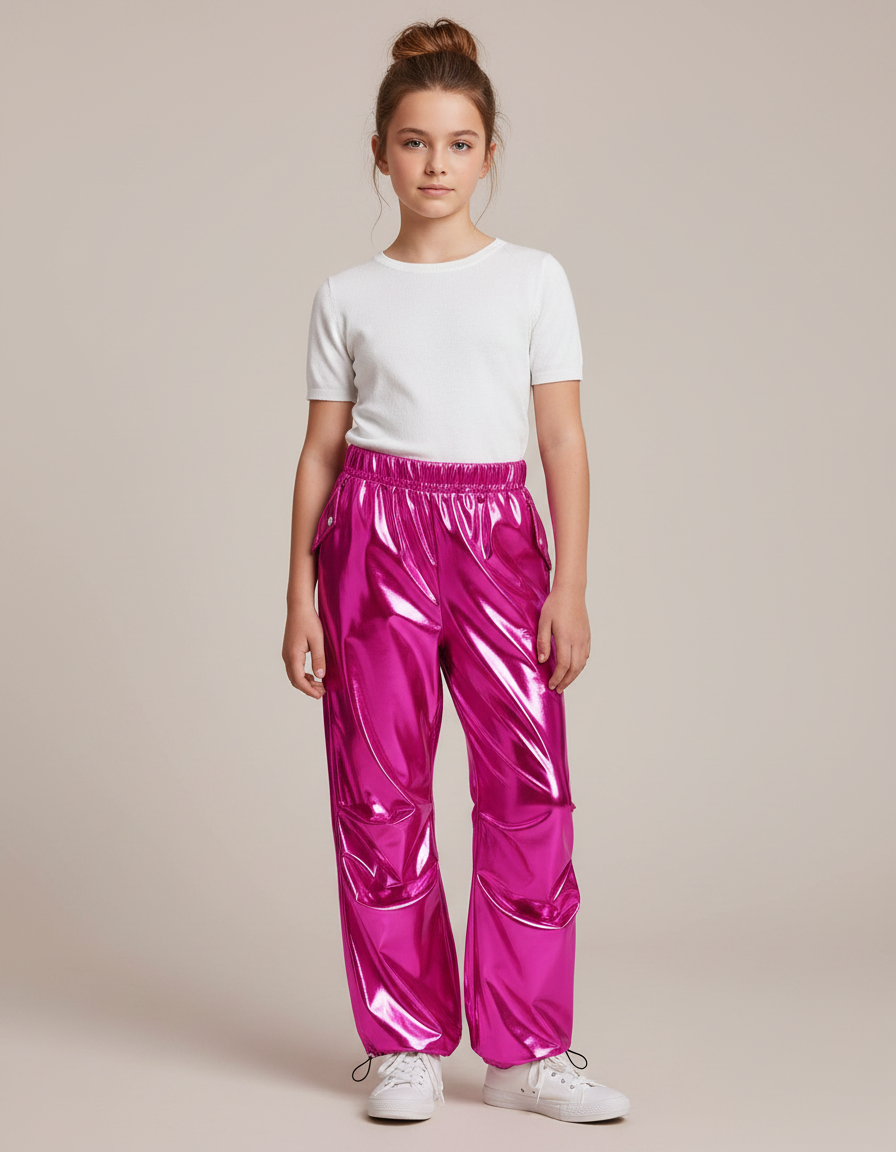 Pantalon Fluide Métallisé Cargo Rose Brillant Fille - Polyester