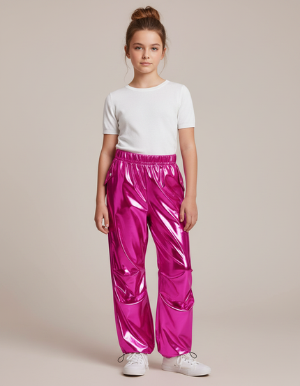 Pantalon Fluide Métallisé Cargo Rose Brillant Fille - Polyester