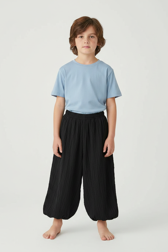 Pantalon Fluide Noir Ample Plissé Léger Enfant - Coton