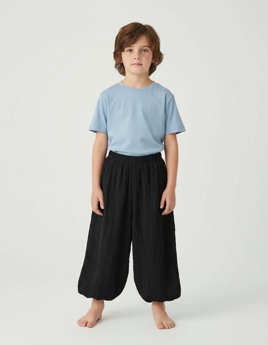 Pantalon Fluide Noir Ample Plissé Léger Enfant - Coton