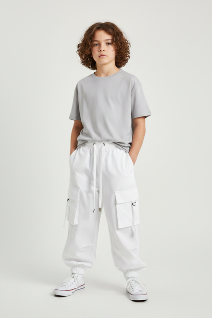Pantalon Fluide Blanc Cargo Cordon Enfant - Toile