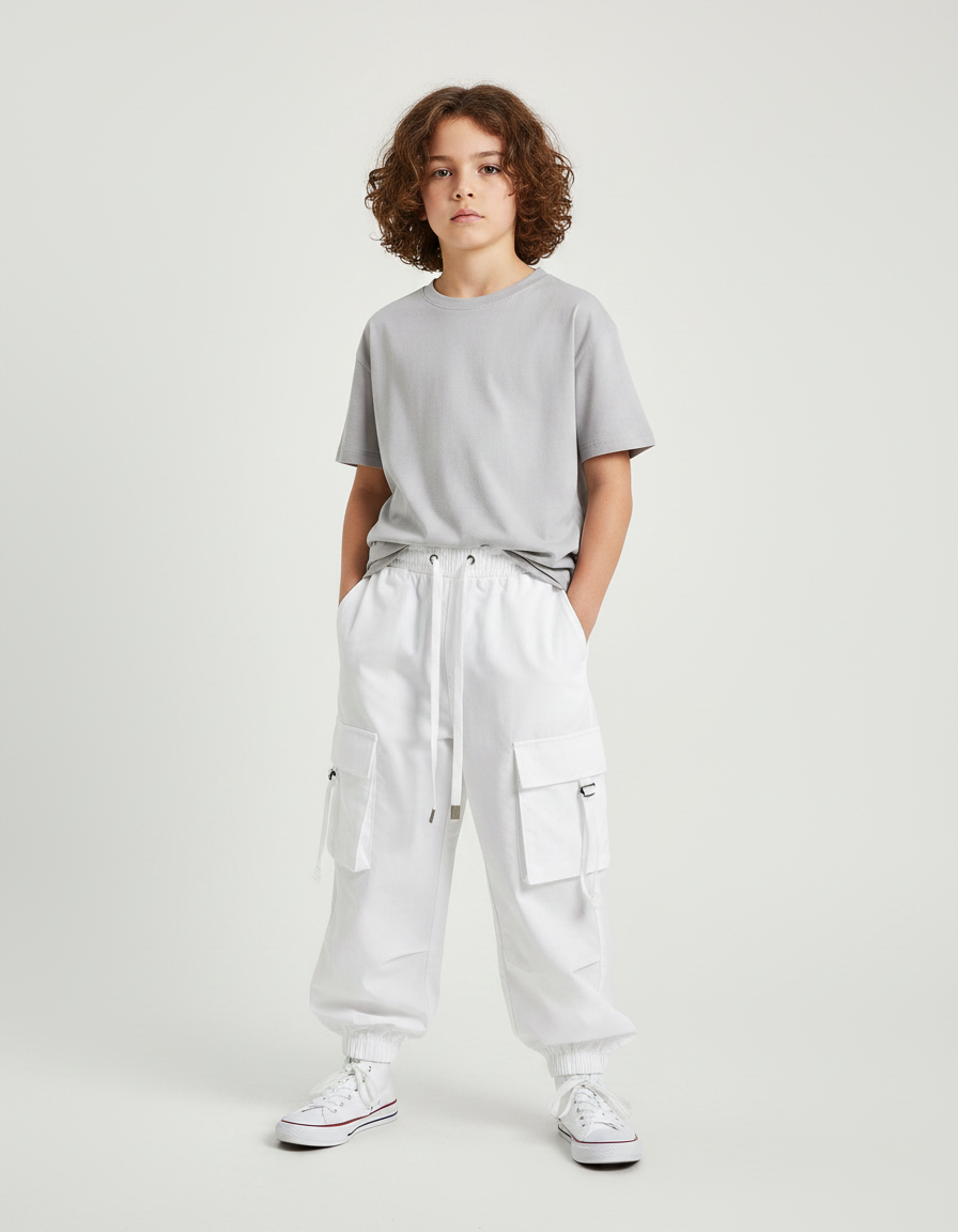 Pantalon Fluide Blanc Cargo Cordon Enfant - Toile