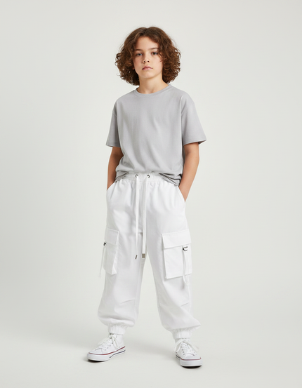 Pantalon Fluide Blanc Cargo Cordon Enfant - Toile