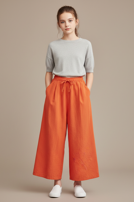 Pantalon Fluide Orange Lin Ample Décontracté Fille