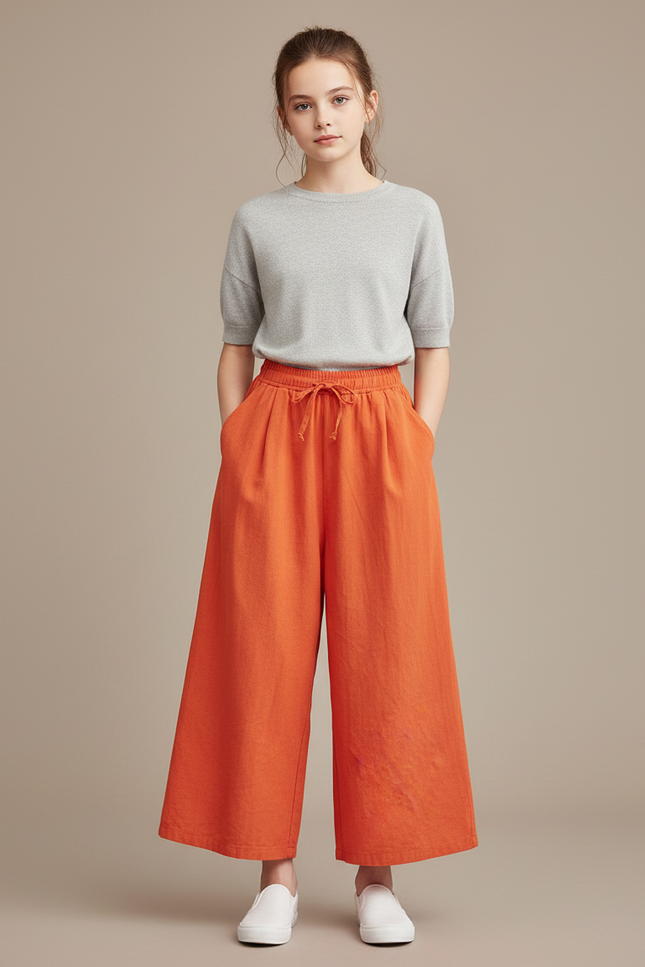 Pantalon Fluide Orange Lin Ample Décontracté Fille