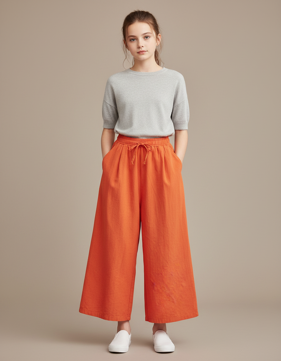 Pantalon Fluide Orange Lin Ample Décontracté Fille