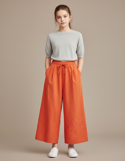 Pantalon Fluide Orange Lin Ample Décontracté Fille